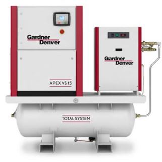 Gardner Denver Apex VS 15 total system variable speed rotary screw compressor package with integrated refrigerated air dryer mounted on a 200 gallon receiver tank